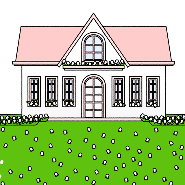 A pink-roofed house and a green garden filled with lilies of the valley